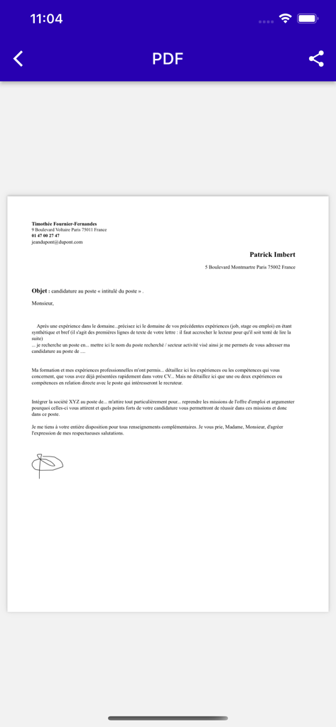 A preview of a professionally formatted cover letter PDF generated on a mobile device