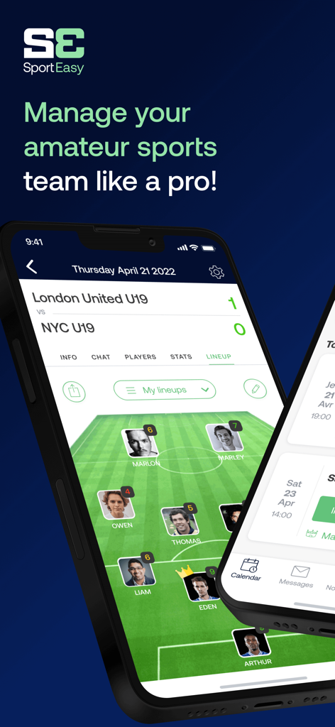 SportEasy - SportEasy app interface showing a soccer team lineup and match schedule for amateur sports management