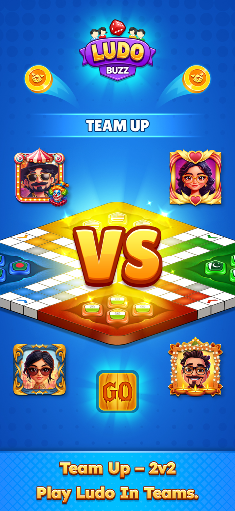 Ludo Buzz - Multiplayer Game - Pantalla de la aplicación móvil Ludo Buzz que muestra el modo de juego multijugador 2v2 Team Up con avatares de personajes y un tablero.