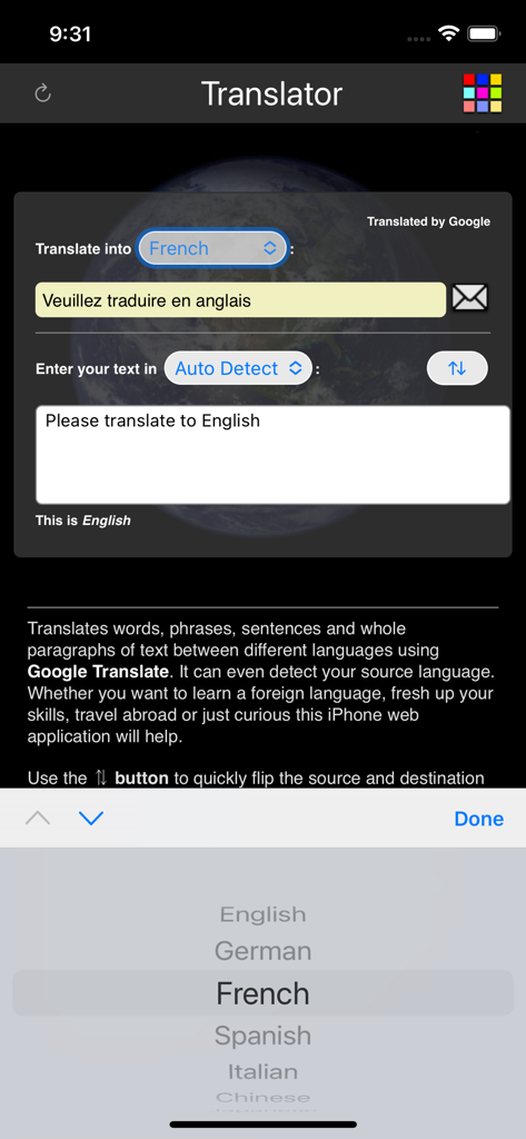 Language Translator - Pantalla de la aplicación Traductor de Idiomas mostrando traducción de texto de francés a inglés