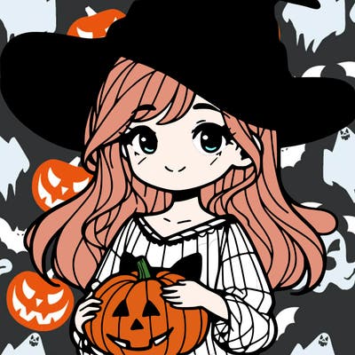ime girl holding pumpkin with witch hat