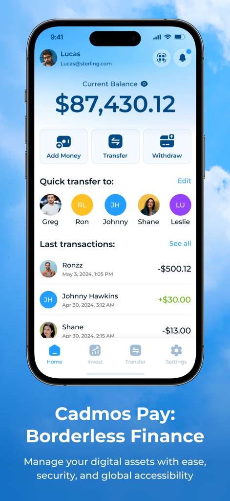 Startbildschirm der Cadmos Pay-App mit Kontostand und Transaktionsverlauf