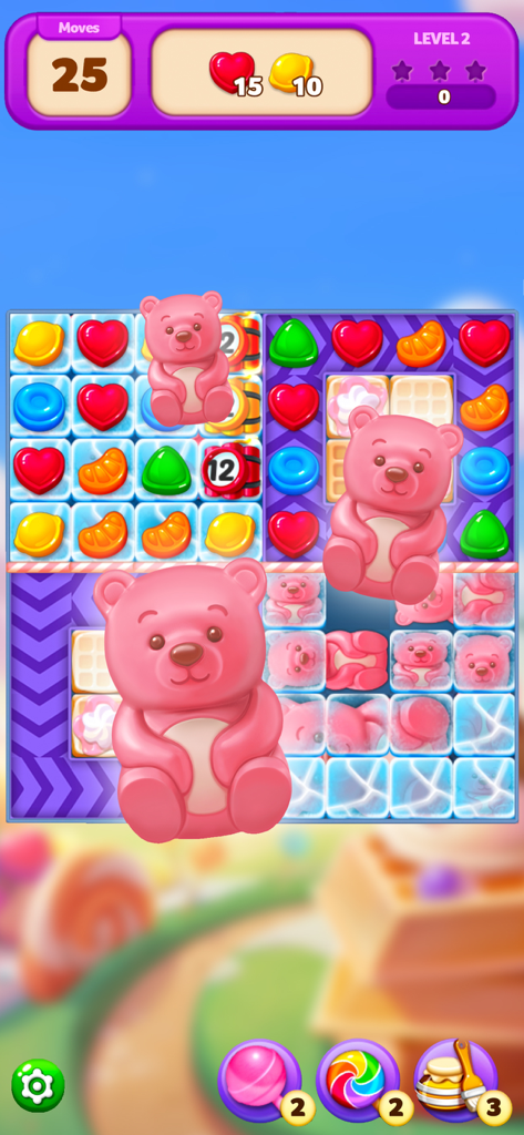 Lollipop : Link & Match - A screenshot of Lollipop Link and Match gameplay featuring pink gummy bears and colorful candy puzzle pieces.