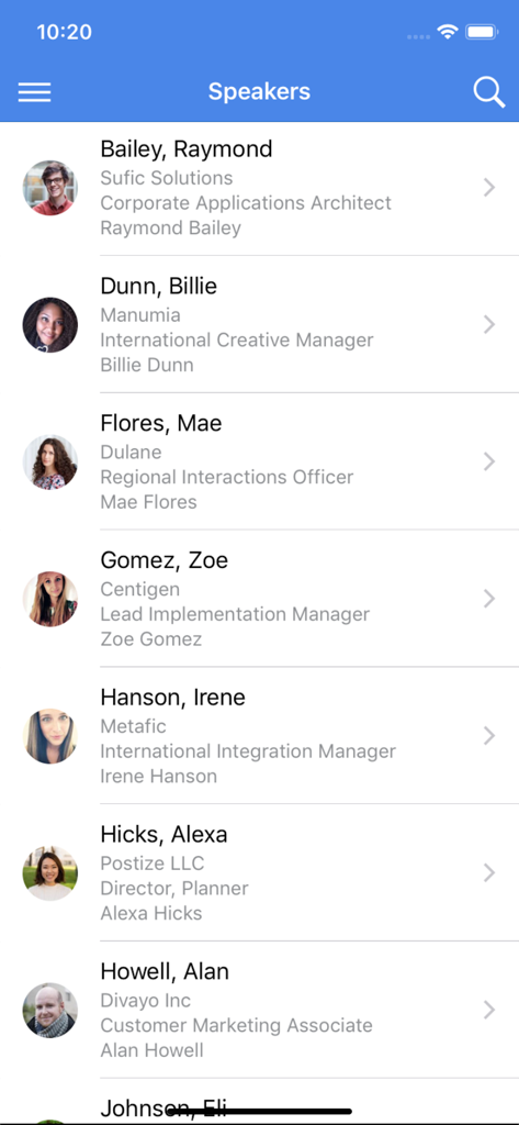 Eine Liste von Rednern mit Namen, Fotos und Berufsbezeichnungen in der Attendee Mobile App