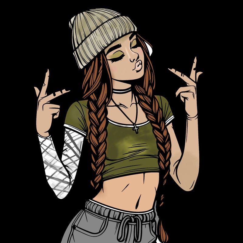 realistic teenage girl with braids and a beanie and crop top doing 🫶🏼