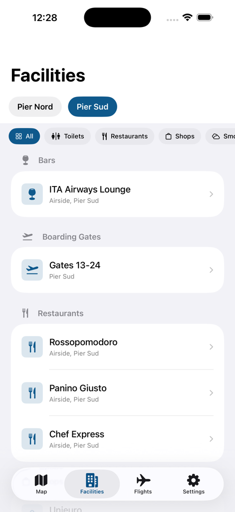 Milano Linate LIN Airport - Sección de instalaciones de la aplicación del Aeropuerto de Milano Linate que muestra salas VIP, puertas de embarque y restaurantes del aeropuerto