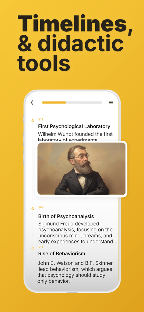 Gurwi app interface showing an interactive timeline of psychology history milestones