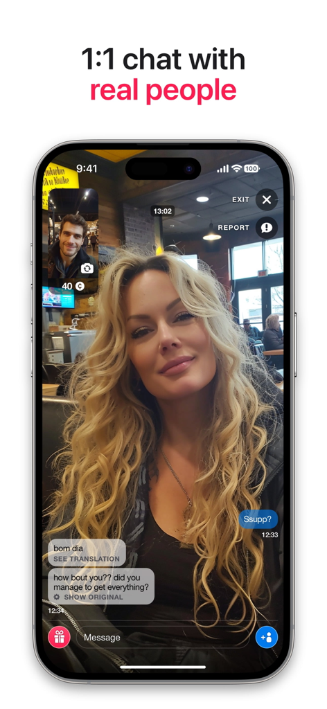 Sociable - Video Chat & Games - A 1 to 1 video chat interface on the Sociable app featuring two people in a live call with text messages.