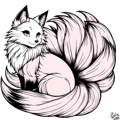realistic detailed 9 tailed anime fox