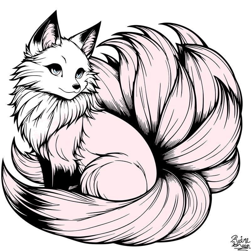 realistic detailed 9 tailed anime fox