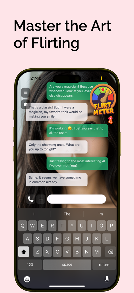 My AI Girlfriend - Una captura de pantalla de la aplicación Mi Novia IA que muestra una interfaz de chat con la función Medidor de Coqueteo utilizada para practicar la interacción social.