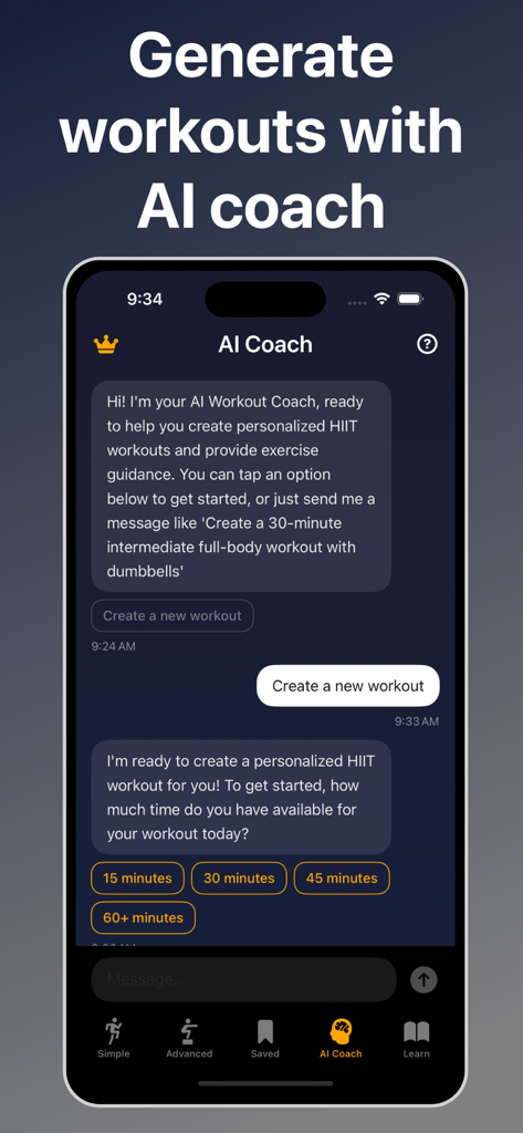 Interval Timer HIIT Workout - AI Coach chat interface in the Interval Timer HIIT app displaying options to generate personalized workouts based on duration.