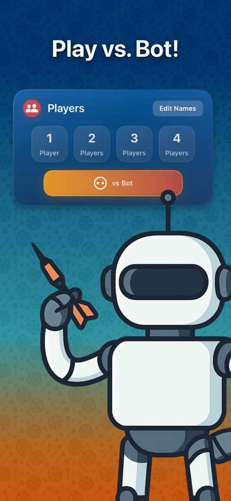 Darts Scorekeeper - Scoreboard - Darts Scorekeeper app screen showing player selection and the option to play against a bot.