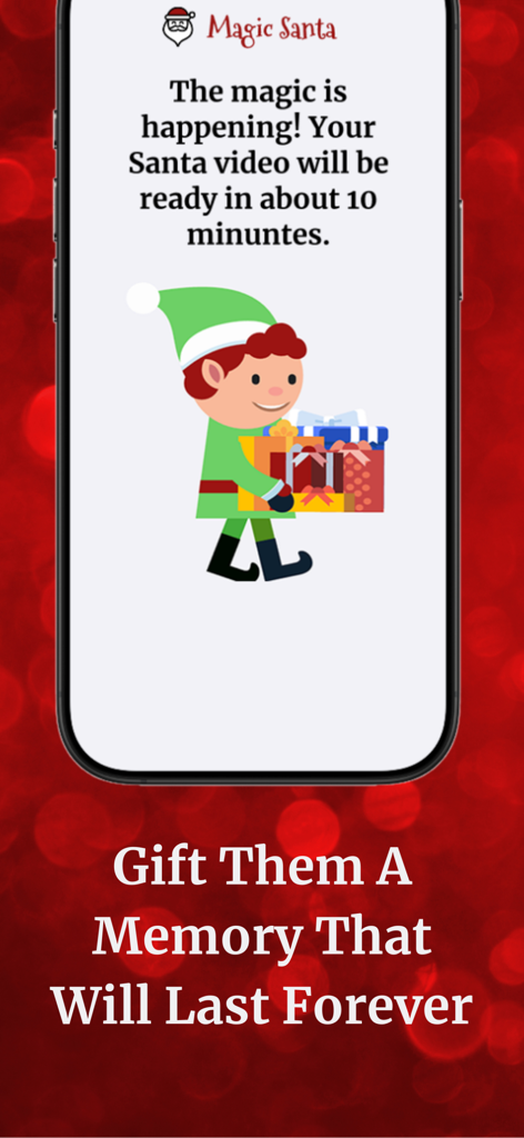 Magic Santa: Calls and Video - Magic Santa app screen showing a video processing message with an elf carrying gifts.