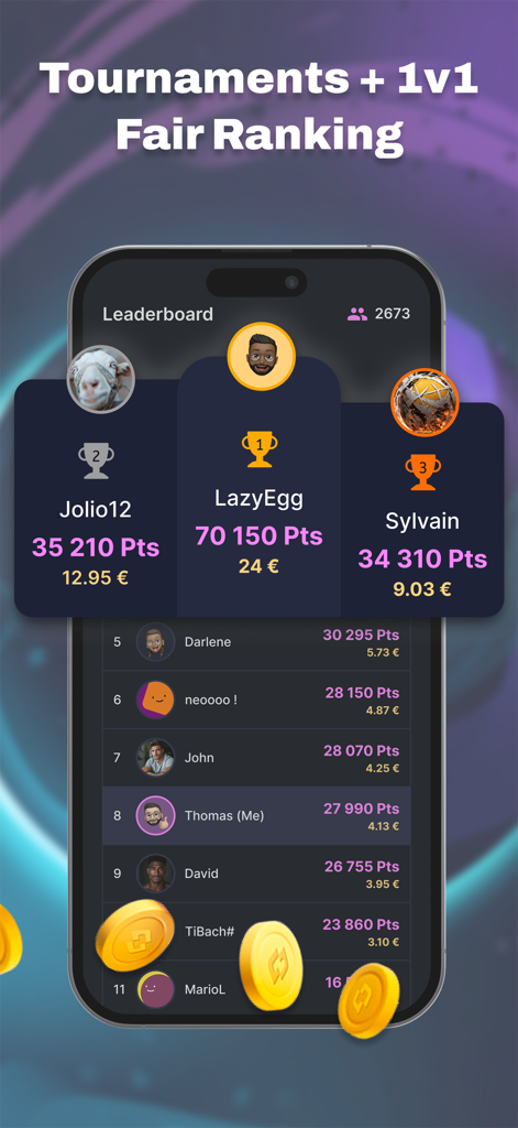 Winerz app leaderboard displaying top players and cash prize rewards for gaming tournaments