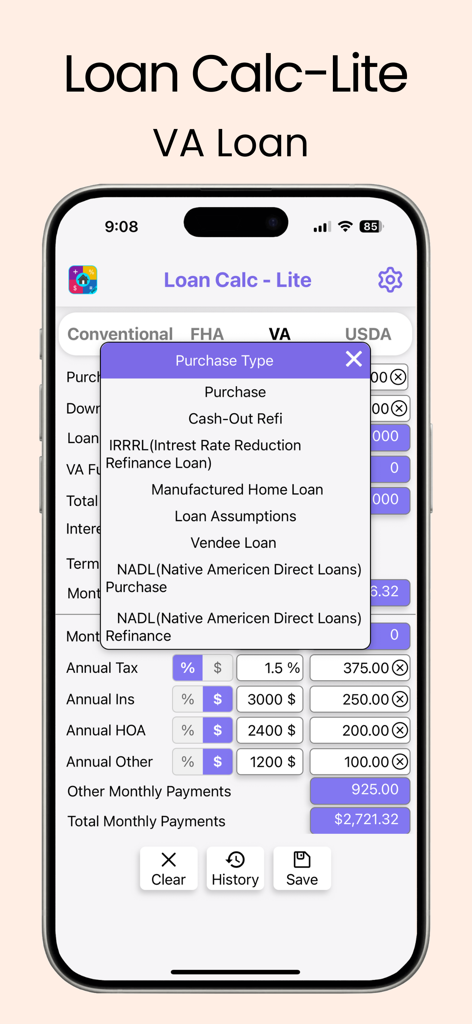 Loan Calc-Lite - Menú de selección de tipo de compra de préstamo VA en la aplicación móvil Loan Calc-Lite.