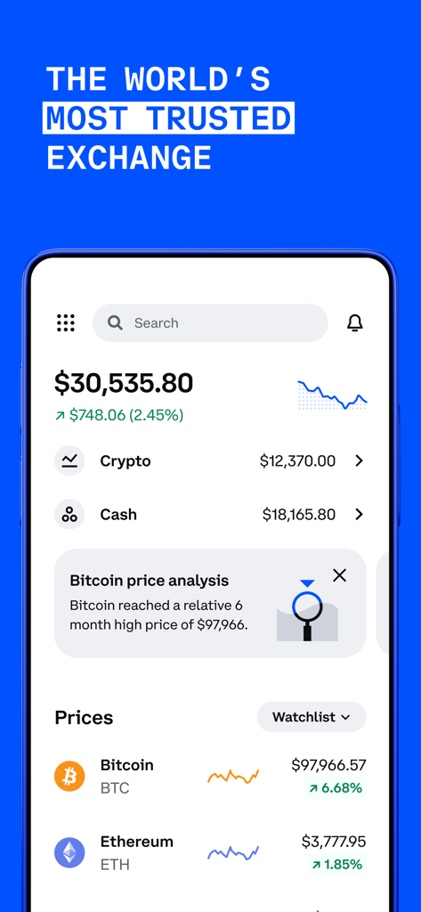 Coinbase: Buy BTC, ETH, SOL - Interfaz de la aplicación móvil Coinbase que muestra el saldo de la cuenta y los precios del mercado de criptomonedas