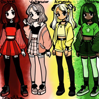 one girl with crop-top shirt and a jacket with a skirt, long socks and another girl with a shirt and pants with a jacket