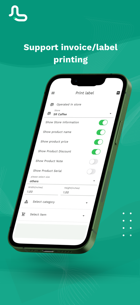 Interfaz de la aplicación móvil MyLekha POS para personalizar la impresión de facturas y etiquetas