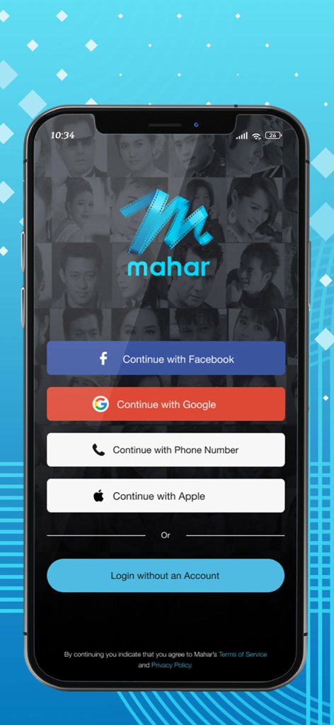 Login screen of Mahar Mobile app featuring various sign-in options like Facebook Google and Apple with a background of Burmese actors