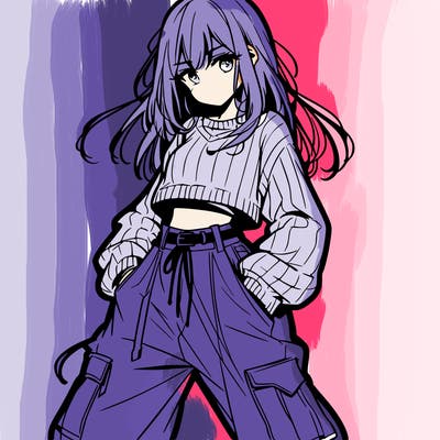 anime teen girl with baggy pants and crop top with sweater