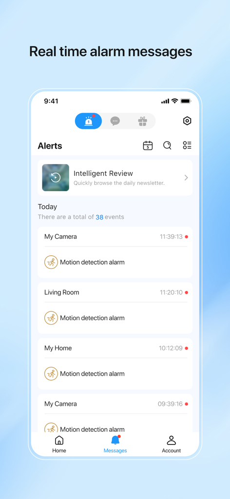 IVY Smart - Interface do aplicativo IVY Smart mostrando mensagens de alarme de detecção de movimento em tempo real e alertas de segurança