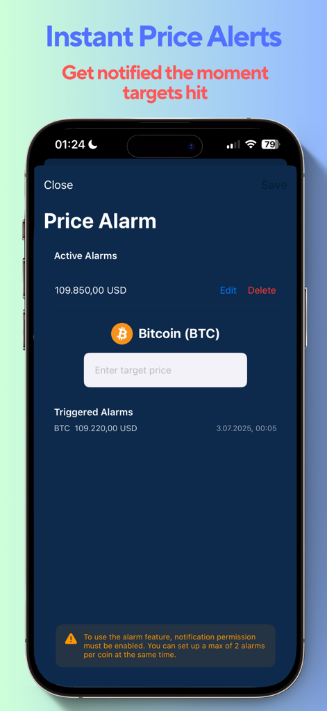 CryptoAppsy: BTC, Coin Tracker - CryptoAppsy mobile app interface showing Bitcoin price alarm settings and triggered alert history on an iPhone.