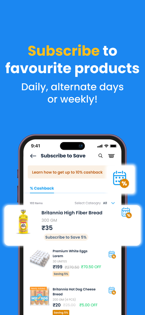 Milkbasket: Grocery Delivery - Milkbasket app screen showing grocery subscription options for daily or weekly delivery of bread and eggs