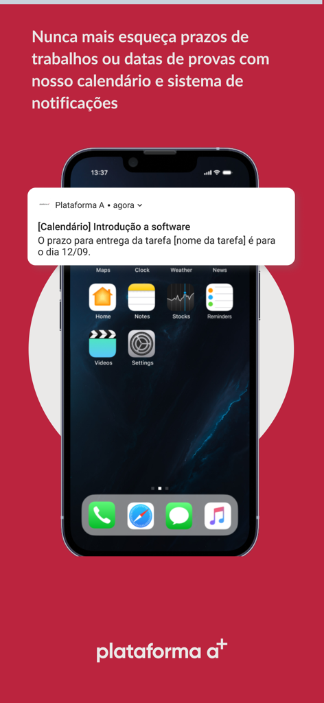 A smartphone displaying a push notification from Plataforma A about an upcoming academic deadline.