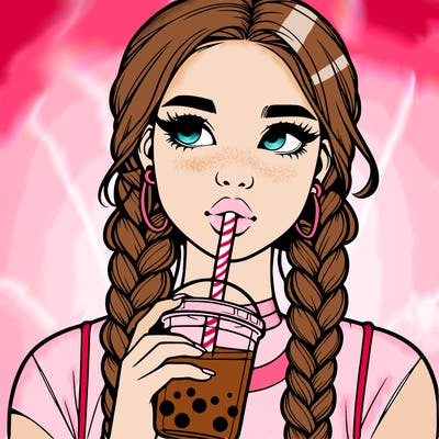 realistic girl with braided hair drinking boba