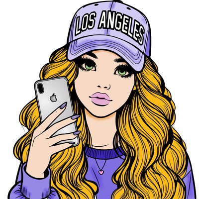 realistic beautiful girl wearing los ángeles cap holding an iphone