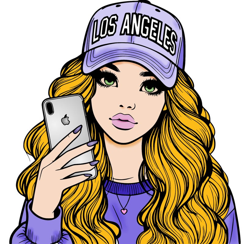 realistic beautiful girl wearing los ángeles cap holding an iphone