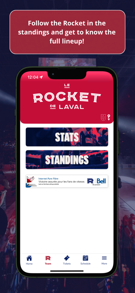 Laval Rocket - Laval Rocket mobile app screen showing options for player stats and team standings
