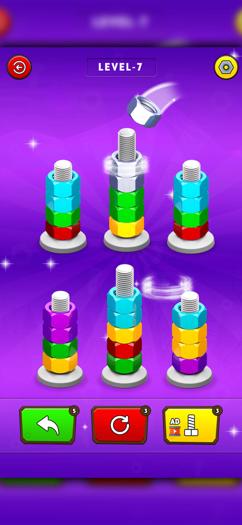 Gameplay screenshot of Nut Sort Color Merge showing colorful nuts being sorted onto bolts at level seven