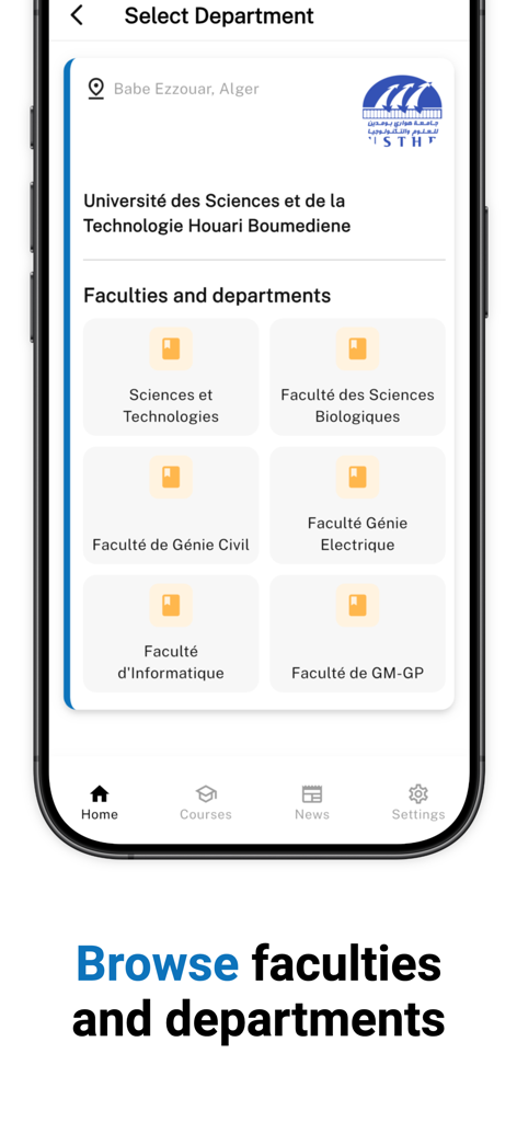 E-Studying – Study in Algeria - E-Studying app screen showing a list of university faculties and departments including computer science and engineering
