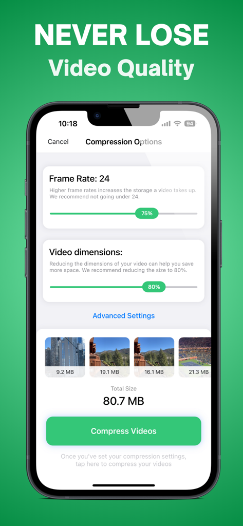 Compress Videos: Free Up Space - Interface do aplicativo TinyVid mostrando opções de compressão de vídeo ajustáveis para taxa de quadros e dimensões