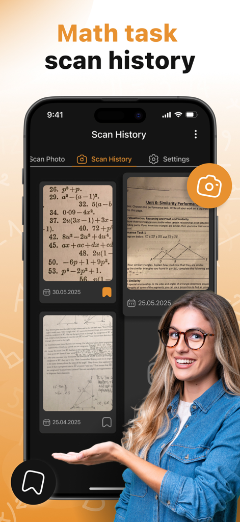 Smartphone display showing the math problem scan history in the Fraction Calculator app.