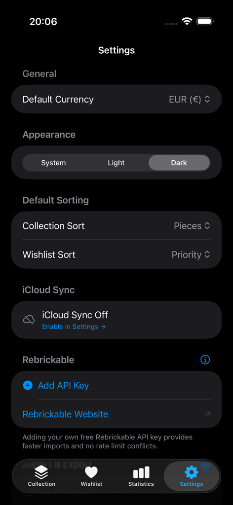 BrickLog - Pantalla de configuración de la aplicación BrickLog que muestra opciones de configuración para moneda, apariencia y sincronización.