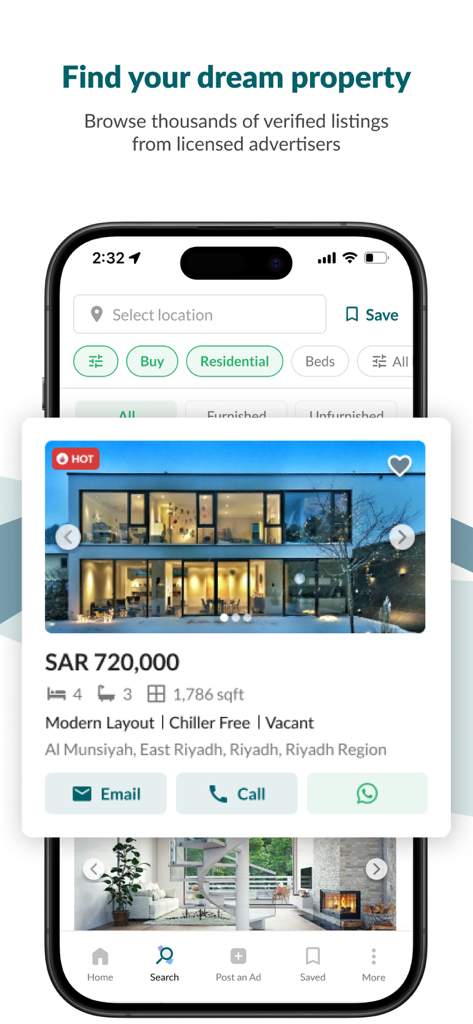 Bayut KSA - Real Estate - Bayut KSA app interface showing a modern residential property listing in Riyadh with search filters and contact options