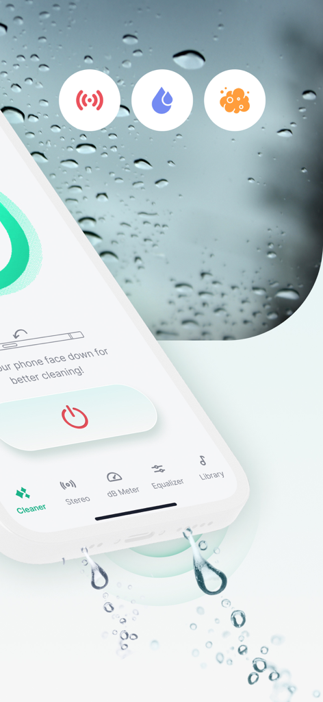 WaveTune - Speaker Cleaner - Interfaz de la app WaveTune mostrando la expulsión de agua del altavoz de un iPhone con herramientas de limpieza.