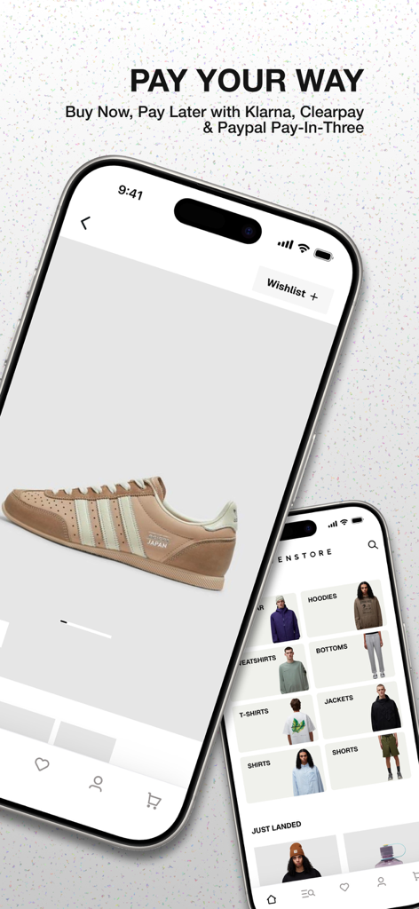 SEVENSTORE - Interfaz de la aplicación SEVENSTORE con una zapatilla y opciones de pago como Klarna y PayPal