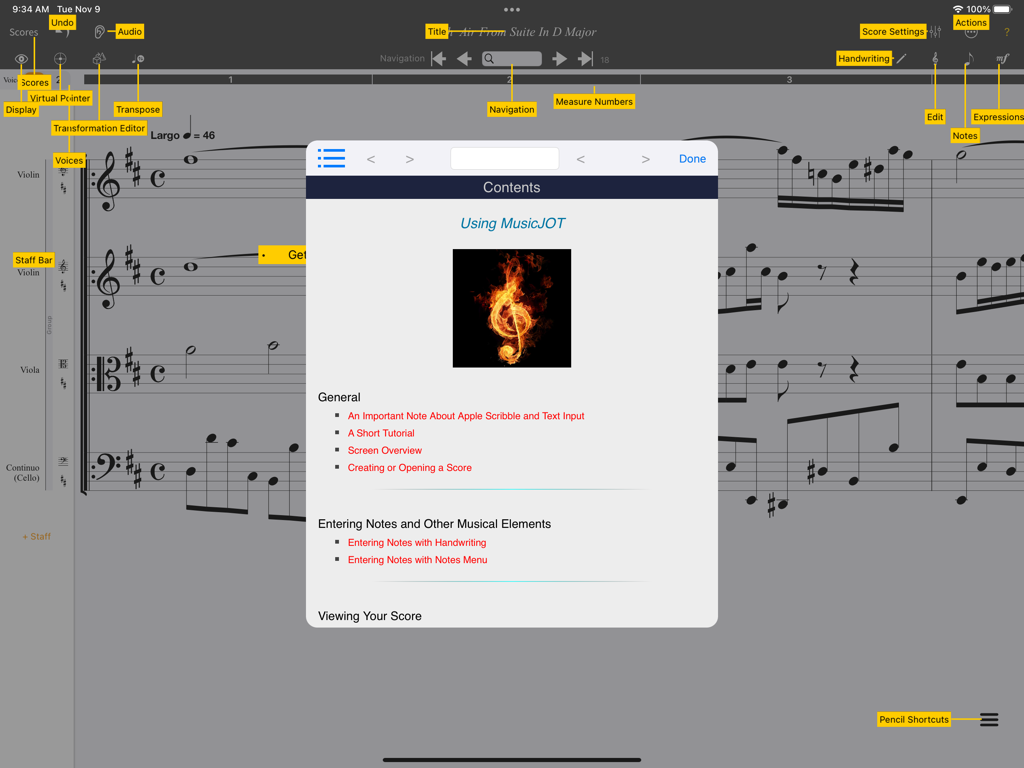 MusicJOT - Benutzeroberfläche der MusicJOT Notations-App auf dem iPad mit Partitur und Tutorial-Menü.