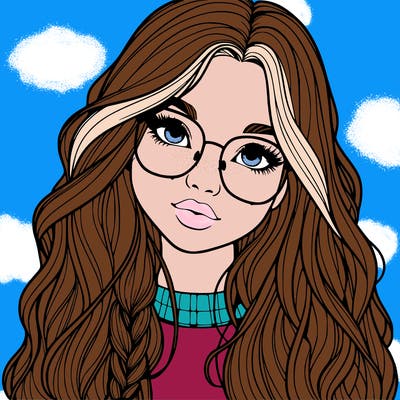 girl with long hair and freckles and glasses realistic