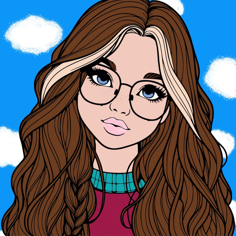 girl with long hair and freckles and glasses realistic