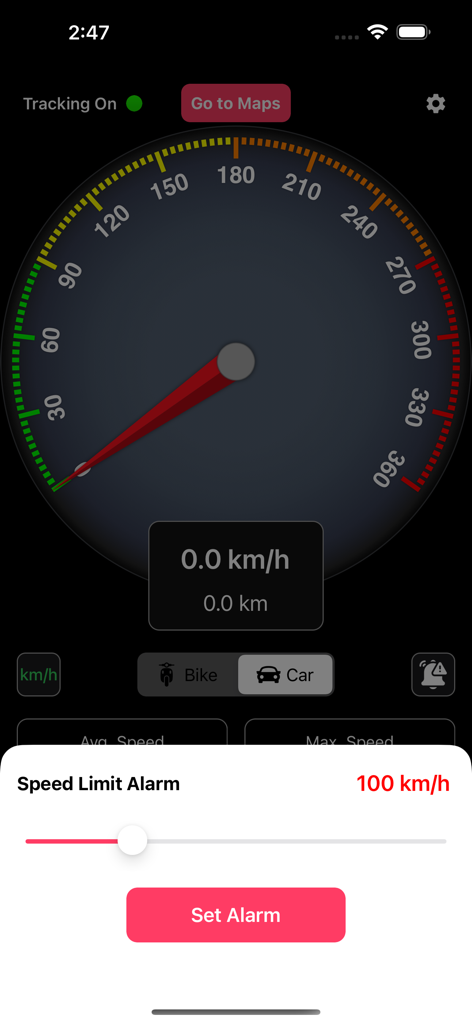 Speedometer - GPS Speedometer - Interface of a GPS Speedometer app showing an analog speed dial and a speed limit alarm setup