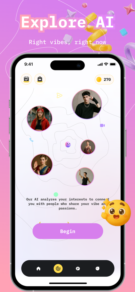 Dazz - Live Call, Video Chat - Dazz mobile app Explore AI screen showing user profile circles and matching features