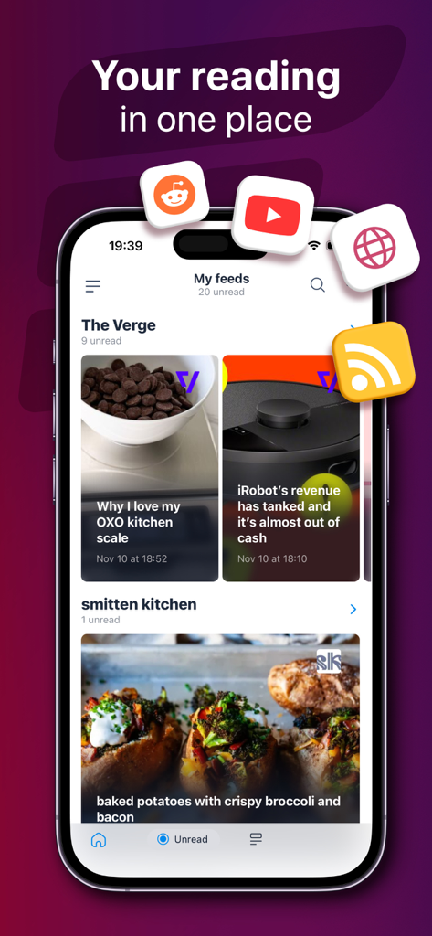 Cupfeed : News & RSS reader - Cupfeed mobile app displaying a personalized news feed on an iPhone screen with icons for YouTube and Reddit integration