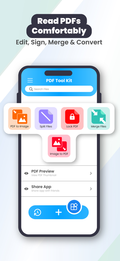 All PDF Reader - PDF Viewer - La aplicación All PDF Reader mostrando las funciones del kit de herramientas PDF, como dividir, fusionar y bloquear archivos en una pantalla de smartphone.