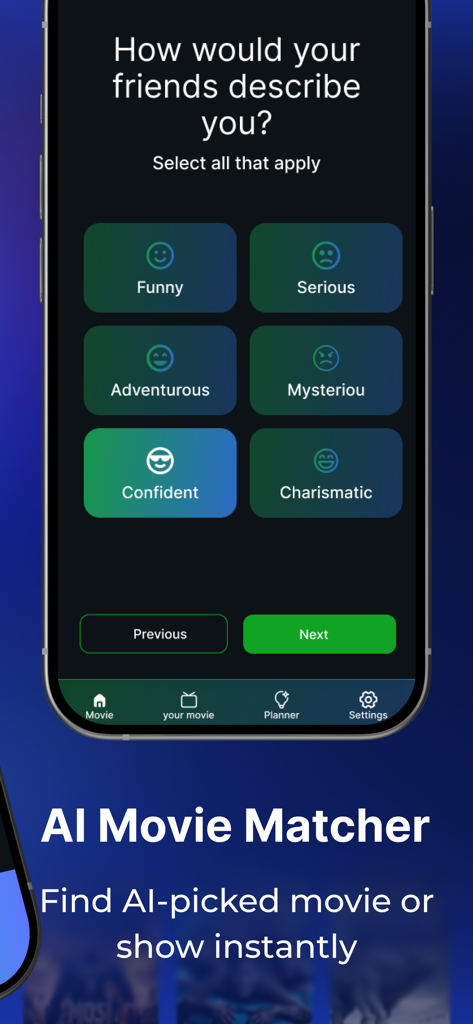 Onstream app interface showing an AI personality quiz to find personalized movie and TV show recommendations