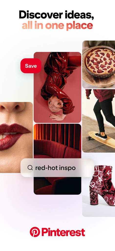 A Pinterest promotional screen featuring a red aesthetic collage with fashion, food, and home decor ideas for visual inspiration.